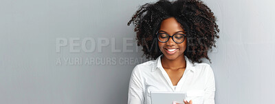 Buy stock photo Black woman, tablet and happy in studio for good news, internet and social media. Fashion designer, technology and smile on isolated white background for online shopping, banner and trendy style