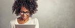 Tablet, mock up and black woman in studio working on corporate finance procedures with smile. Happy, banner and African female financial advisor with research on digital technology by gray background