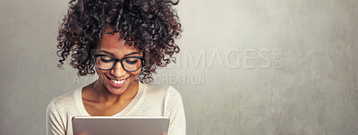 Tablet, mock up and black woman in studio working on corporate finance procedures with smile. Happy, banner and African female financial advisor with research on digital technology by gray background