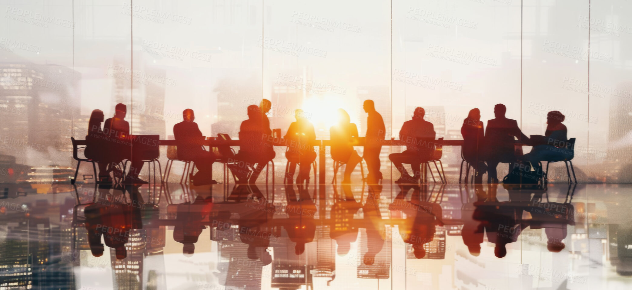 Buy stock photo Meeting, city and silhouette of business people in conference room for discussion, growth or development. Planning, teamwork or office employees in workshop for negotiation, acquisition or deal