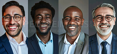 Portrait, collage and business people with smile in headshot for management, leadership and work for corporate career. Diversity, men or lawyer team in banner for collaboration in legal job in studio