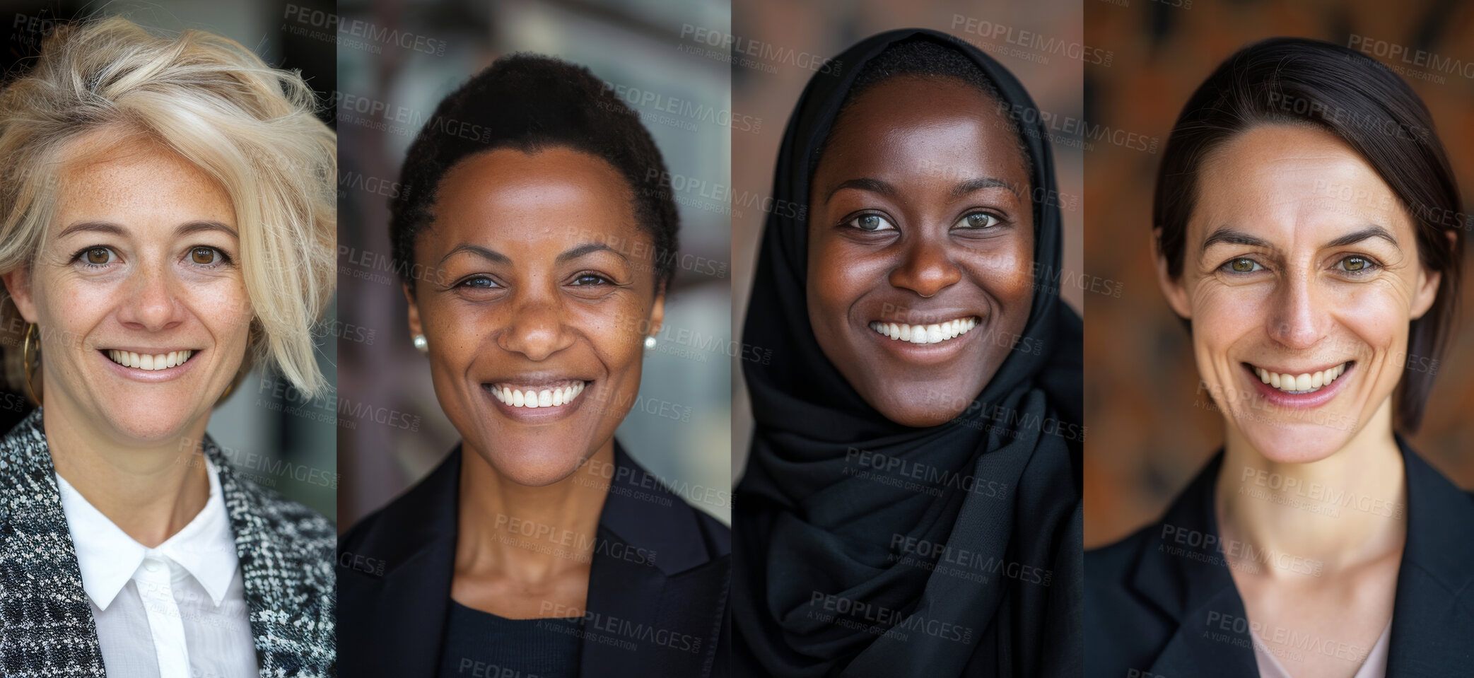Buy stock photo Collage, portrait and businesswomen with smile for diversity, inclusivity and equality in workplace. Multicultural, business people and pride with happiness for solidarity, collaboration and unity