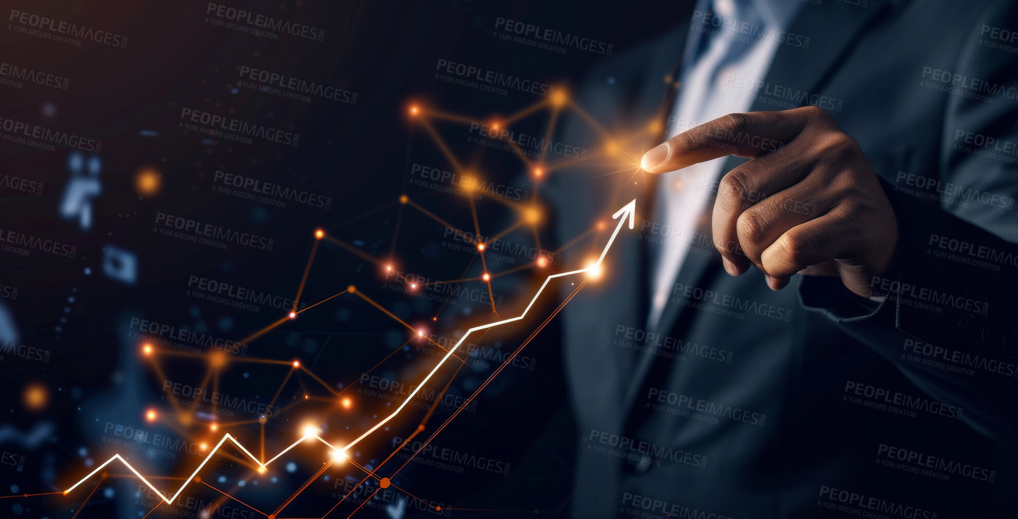 Buy stock photo Dashboard, hand and investment with business person in office at night for finance, growth or money. Hologram, stock market and technology with broker or investor tracking portfolio profit on hud