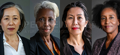 Portrait, collage and business women in headshot for management, leadership and work for corporate career. Diversity, ceo or lawyer team in banner for collaboration in legal job in studio background