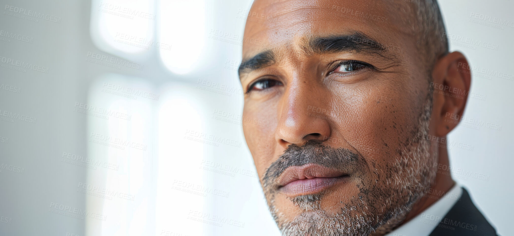 Buy stock photo Serious, confident and portrait of businessman in office for corporate finance career or job. Pride, handsome and closeup face of mature male financial advisor from Colombia in workplace with mockup.