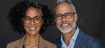 Portrait, man and woman with business partnership, smile and confidence in collaboration at law firm. Lawyer, attorney or professional legal team with support, trust or coworking at consulting agency