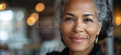 Buy stock photo African businesswoman, portrait and office, smile in business for working goals and success. Mature corporate lawyer, happy and law firm employee with attorney confidence and New York legal workplace