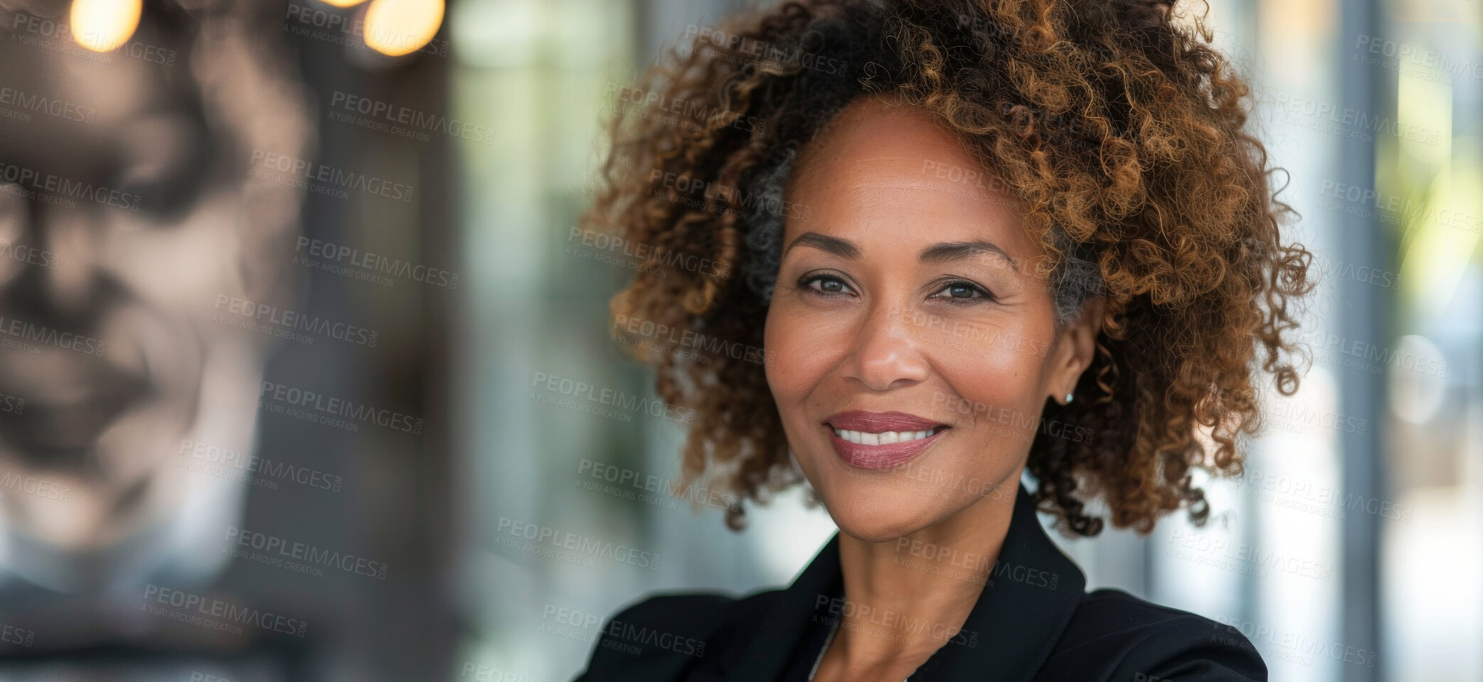 Buy stock photo African businesswoman, portrait and office, smile in business for working and success with goals. Corporate lawyer, happy and law firm employee with attorney confidence and New York legal workplace