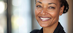 African businesswoman, portrait and workspace, smile in business for working goals and success. Corporate lawyer, happy and law firm employee with attorney confidence and New York legal workplace
