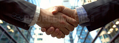 Business, city and handshake outdoor for welcome or greeting to career or corporate job, recruitment and hiring. People, zoom and shaking hands in agreement for proposal for partnership deal and b2b.