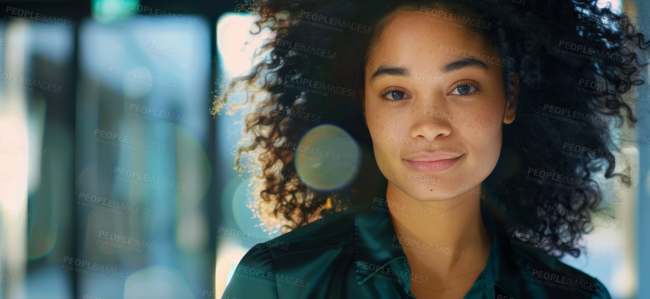 Buy stock photo African woman, office and portrait with smile, pride and confidence in corporate career at insurance agency. Person, consultant or intern with face at job, development or growth at company in Chicago