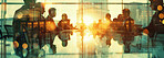 Bokeh, office and silhouette of business people in meeting for growth, development and lens flare. Workshop, teamwork and employees in conference room for negotiation, acquisition and city planning.