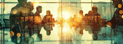 Bokeh, office and silhouette of business people in meeting for growth, development and lens flare. Workshop, teamwork and employees in conference room for negotiation, acquisition and city planning.