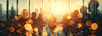 Bokeh, city and silhouette of business people in meeting for growth, development and lens flare. Conference room, teamwork and office employees in workshop for negotiation, acquisition and planning