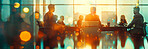 Meeting, city and silhouette of business people in conference room for growth, development and lens flare. Bokeh, teamwork and office employees in workshop for negotiation, acquisition and planning