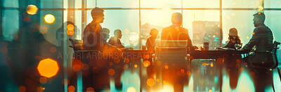 Meeting, city and silhouette of business people in conference room for growth, development and lens flare. Bokeh, teamwork and office employees in workshop for negotiation, acquisition and planning