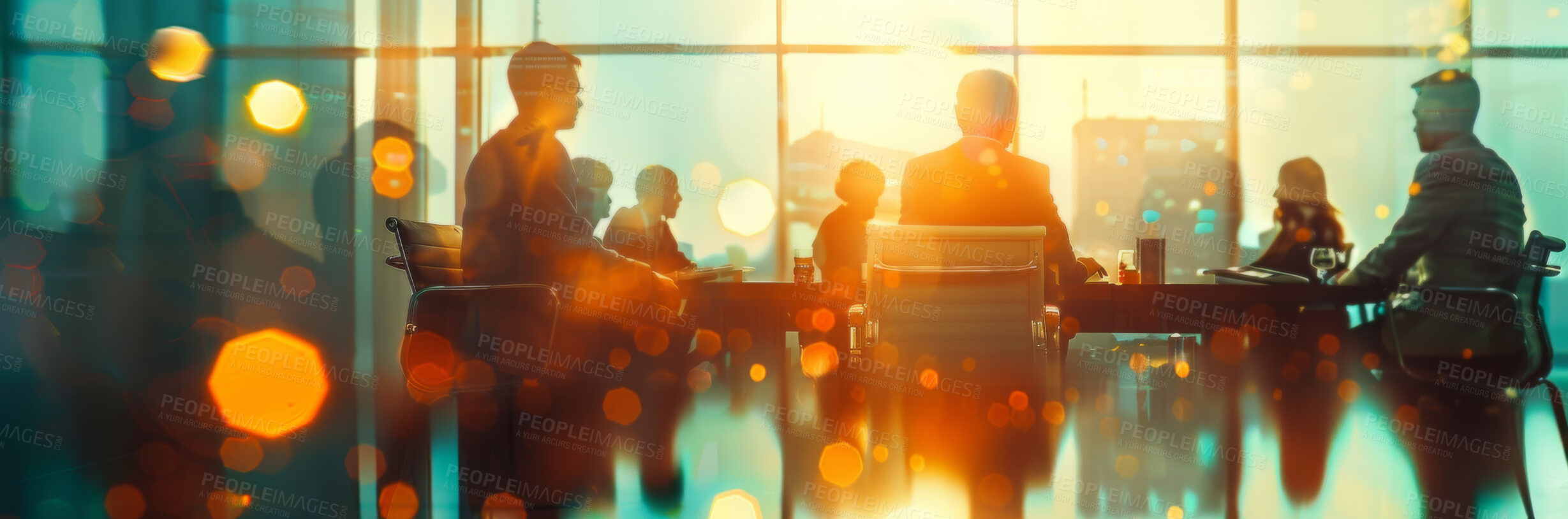 Buy stock photo Meeting, city and silhouette of business people in conference room for growth, development and lens flare. Bokeh, teamwork and office employees in workshop for negotiation, acquisition and planning