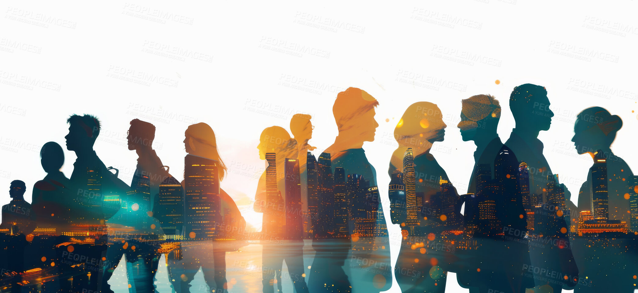 Buy stock photo Business, city and overlay with walking of people for abstract, double exposure and group of employees. Professional, worker and flare with travel of crowd for corporate, career and commitment to job