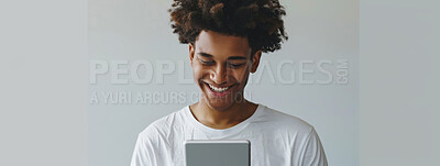 Black man, tablet and happy in studio for social media, internet and good news. Fashion designer, technology and smile on isolated white background for online shopping, clothes and trendy style