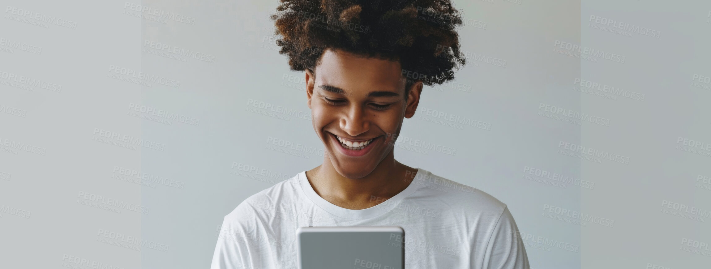 Buy stock photo Black man, tablet and happy in studio for social media, internet and good news. Fashion designer, technology and smile on isolated white background for online shopping, clothes or trendy style banner