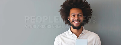 Buy stock photo Smile, portrait and black man in studio with phone, mockup or connection for business opportunity online. Banner, face and professional with smartphone, networking or mobile app on grey background