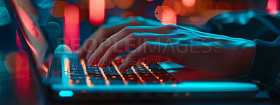 hacker, dark or hands of person on laptop coding for online solution, problem solving or night work. Technology, lights or software developer typing for internet cybersecurity, research or firewall