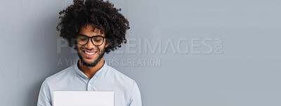 Business, smile and man with tablet, typing and connection on white studio background. Person, mockup space and employee with technology, social media or online reading with digital app or consultant