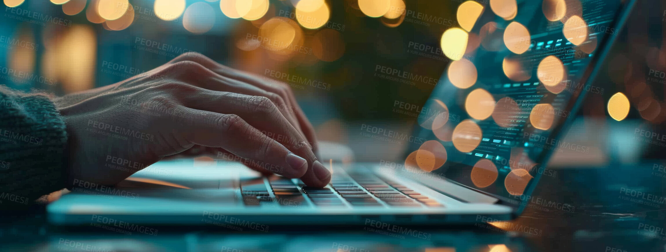 Buy stock photo Developer, dark or hands of person on laptop coding for online solution, problem solving or night work. Technology, bokeh or software programmer typing for internet cybersecurity, research or safety