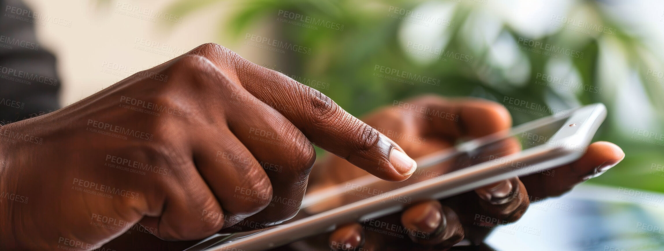 Buy stock photo Closeup, hands and typing on tablet in outdoor for email, communication or searching web in home. Banner, connect and person with technology for social media, online scrolling or browsing internet