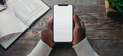 Hands, mockup and cellphone screen for person, notebook and plans on office desk. Technology, advertising and mobile app for web designer, freelance and email with paper or contract for online work
