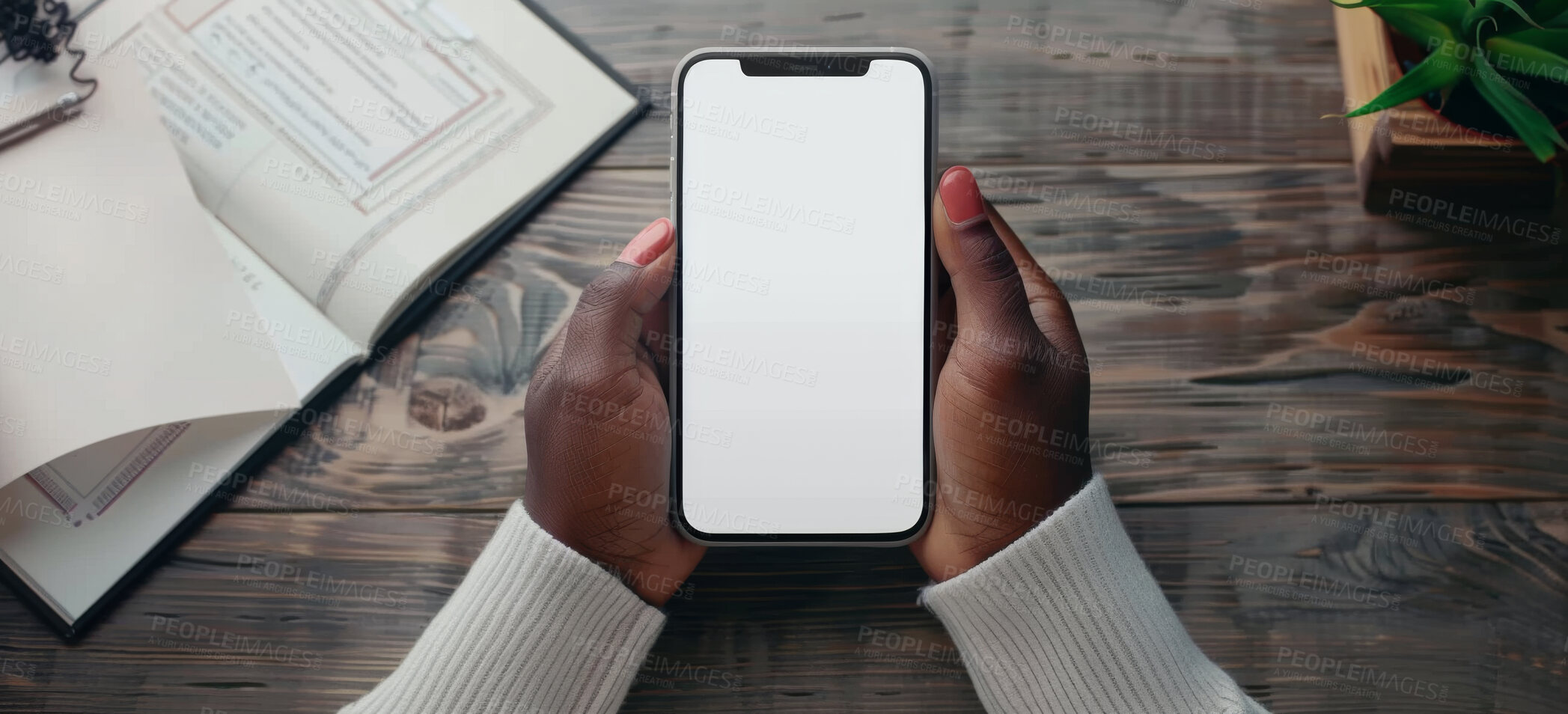 Buy stock photo Hands, mockup and cellphone screen for person, notebook and plans on office desk. Technology, advertising and mobile app for web designer, freelance and email with paper or contract for online work
