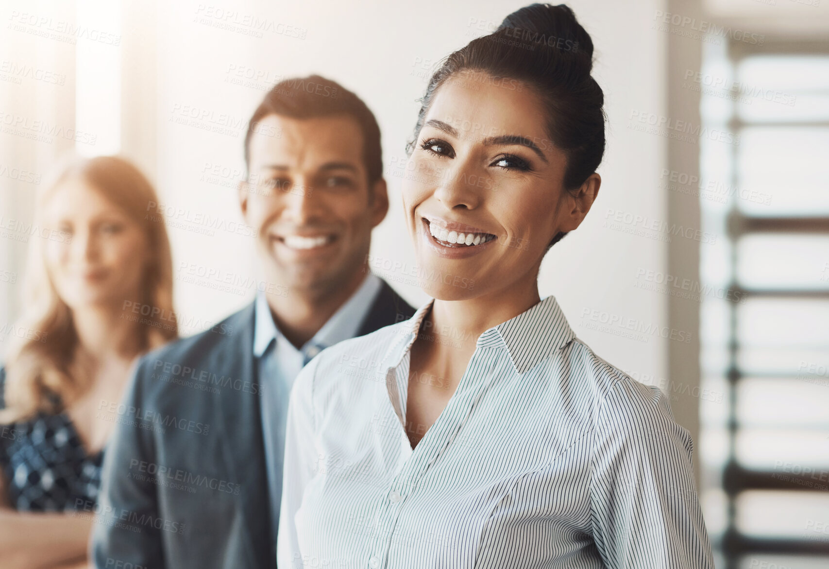 Buy stock photo Office, woman and portrait of business people in row for about us, leadership and management. Corporate manager, diversity and happy men and women for professional career, company pride and growth