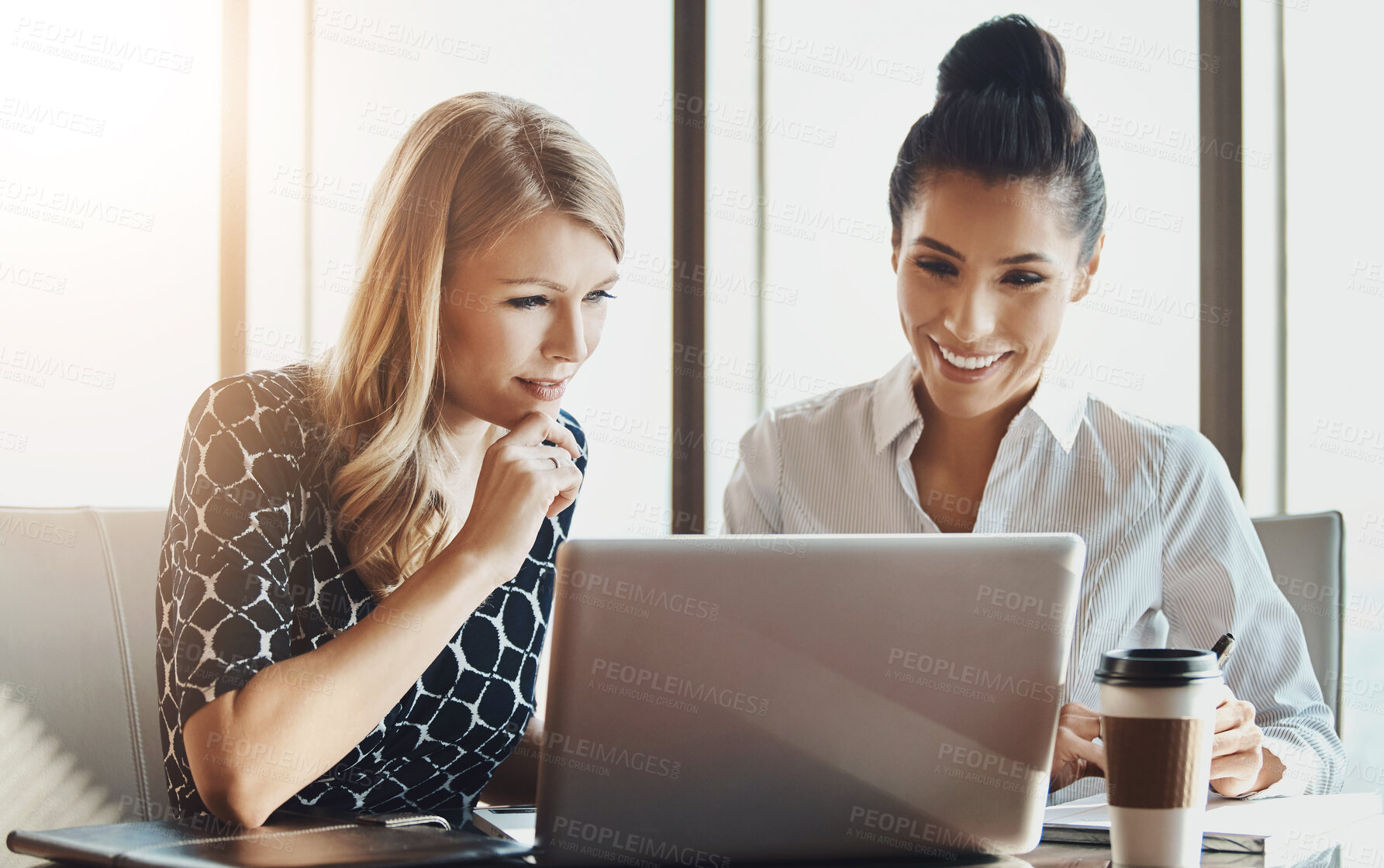 Buy stock photo Teamwork, women and laptop in office for business, planning and company project at desk. Technology, collaboration and together in workplace for support, brainstorming and female people in New York