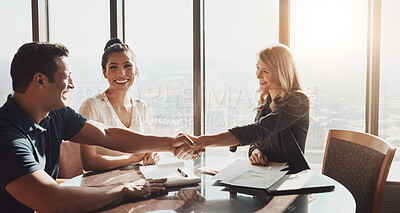 Buy stock photo Meeting, shaking hands and business people in office with documents for promotion and deal. Teamwork, man and women in conference room for collaboration and success for partnership in global company