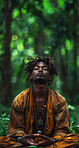 Religion, meditation and man in forest with eyes closed in prayer, devotion and worship in Buddhism. Male person, spiritual and nature for personal, growth and development in faith for peace or zen