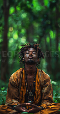 Buy stock photo Religion, meditation and man in forest with eyes closed in prayer, devotion and worship in Buddhism. Male person, spiritual and nature for personal, growth and development in faith for peace or zen