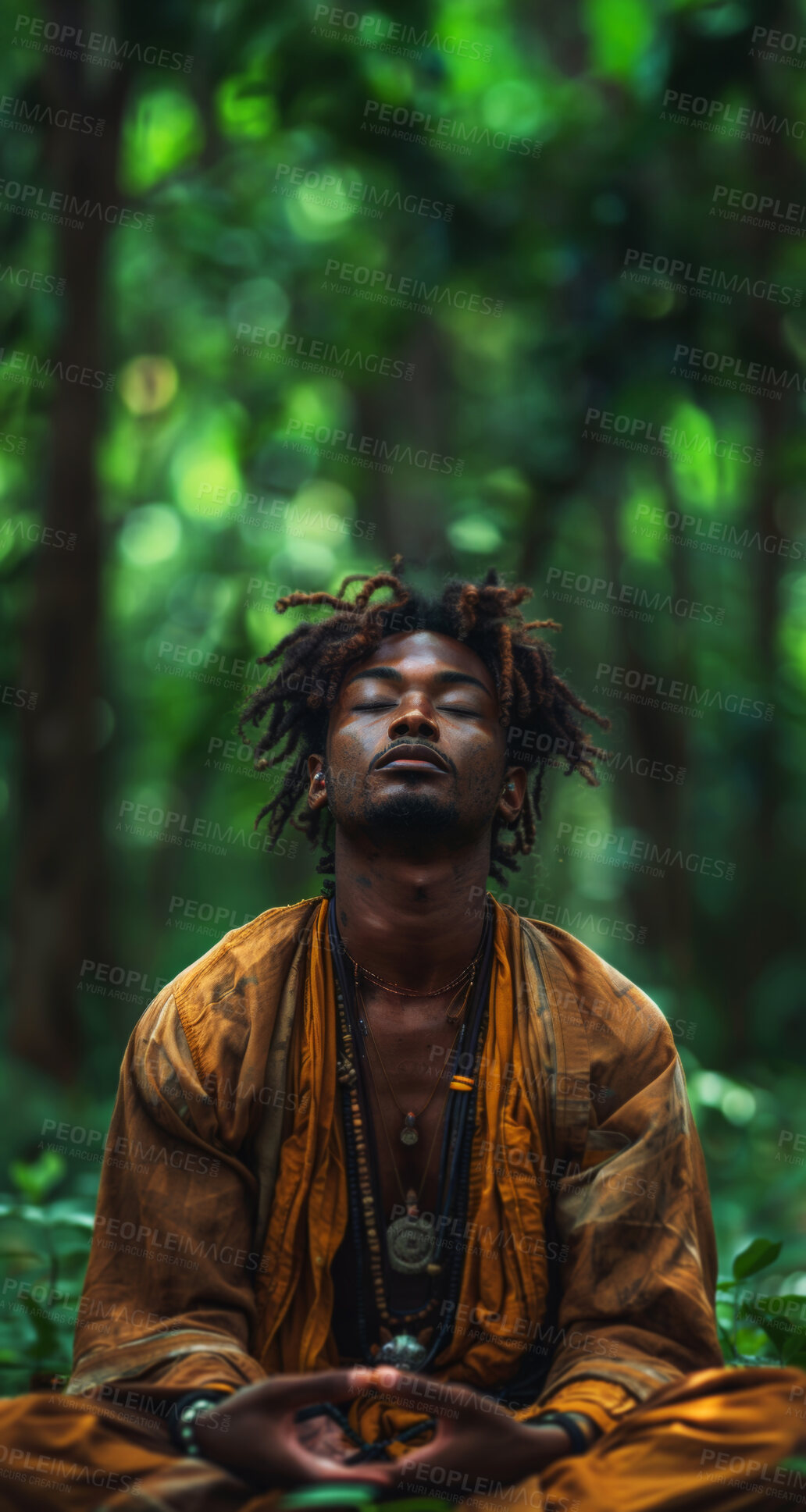 Buy stock photo Religion, meditation and man in forest with eyes closed in prayer, devotion and worship in Buddhism. Male person, spiritual and nature for personal, growth and development in faith for peace or zen