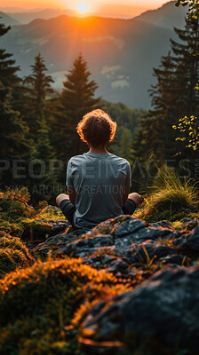 Man, nature and meditation for peace, rest and zen mindset to clear thoughts with back view. Calm, person and freedom with trees, forest and sunrise for adventure to relax, reset mental health
