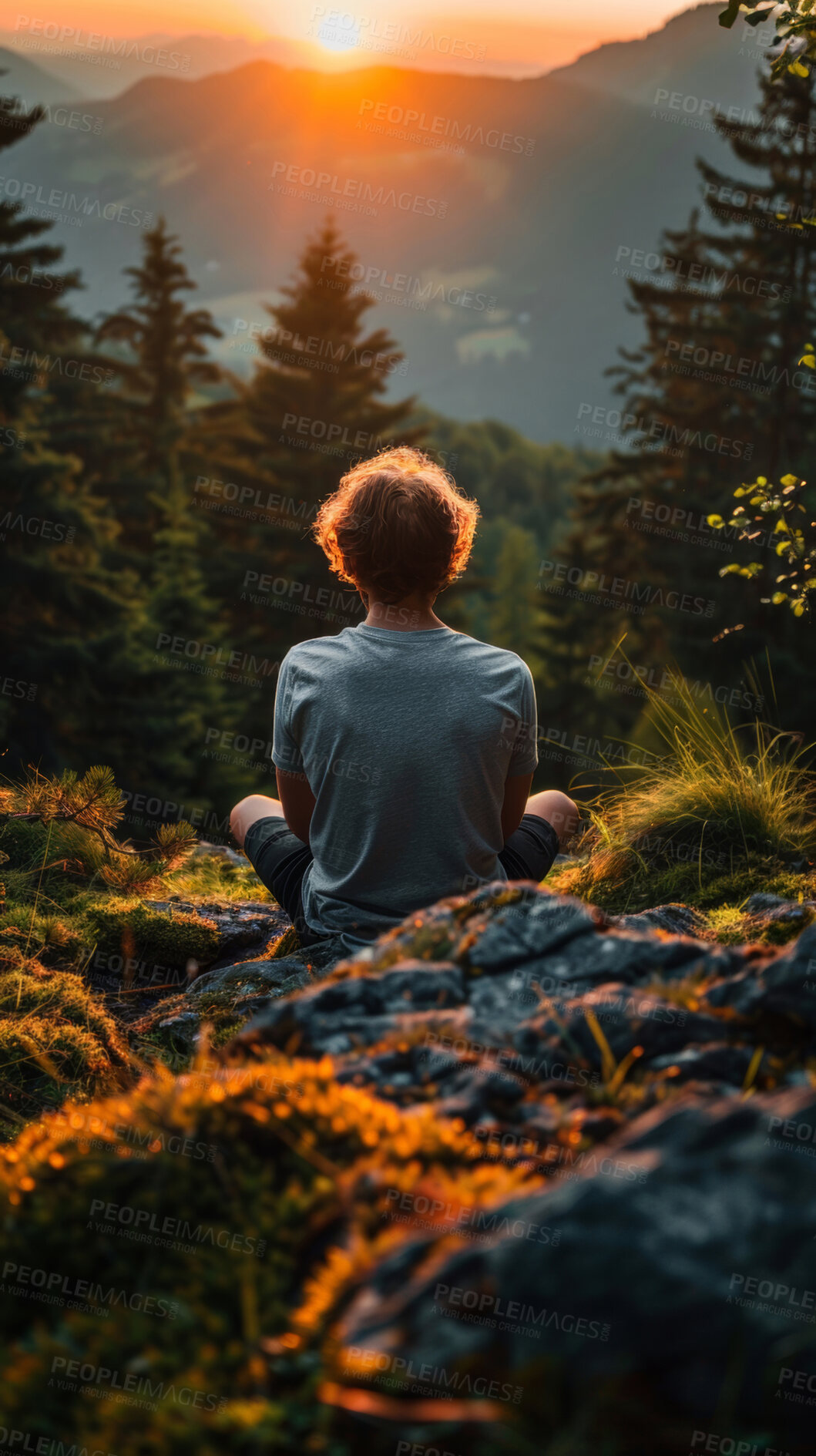 Buy stock photo Man, nature and meditation for peace, rest and zen mindset to clear thoughts with back view. Calm, person and freedom with trees, forest and sunrise for adventure to relax, reset mental health