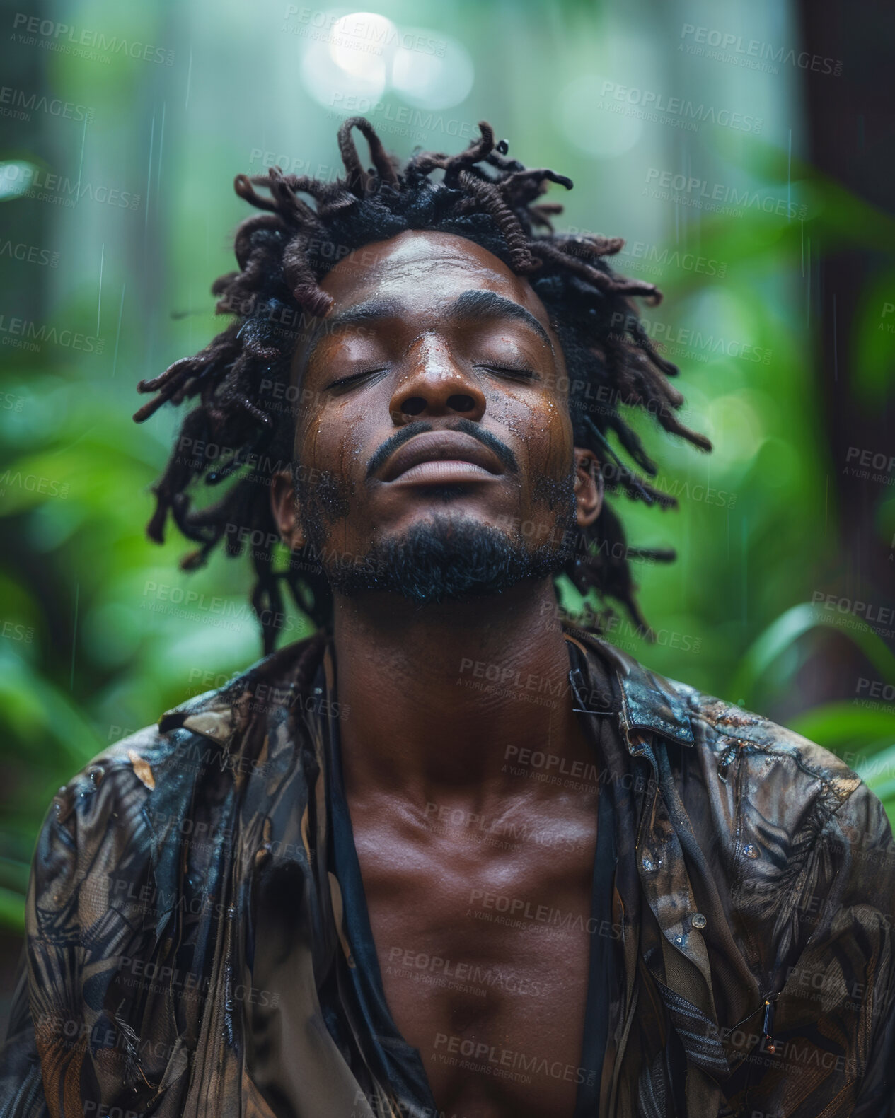 Buy stock photo Black man, forest and meditation for peace in nature, mindfulness and outdoor with breathing by trees. African person, zen and spiritual with chakra balance in woods, rainforest and bush in Brazil