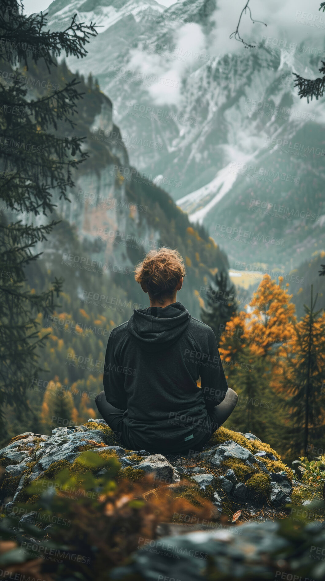 Buy stock photo Man, nature and meditation with lotus pose for peace, rest and zen mindset to clear thoughts with back view. Calm, hiker and freedom with trees and mist for motivation to reset  mental health