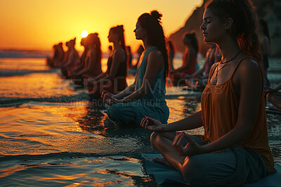 Women, beach and calm meditation for peace or spiritual growth, emotional balance and mindfulness for mental health. People, eyes closed and breath with sunset for zen outdoor, lotus pose and chakra.