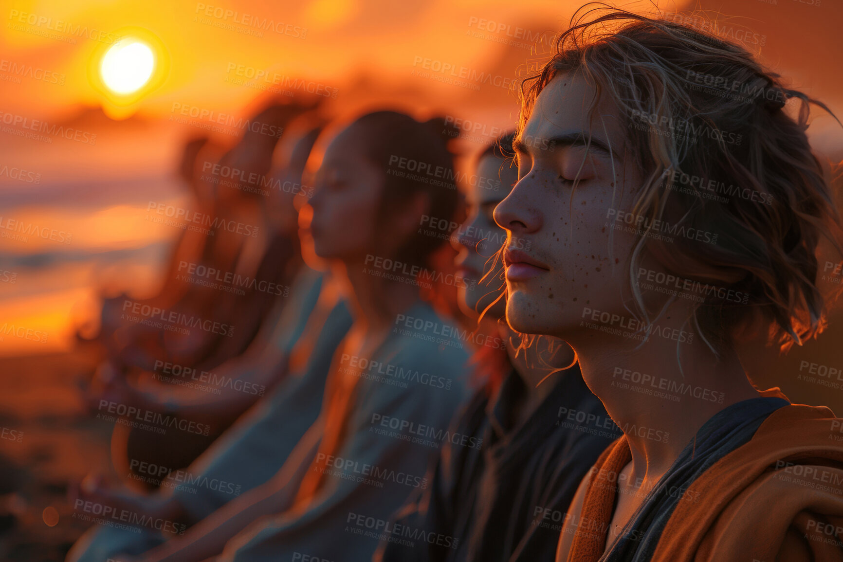 Buy stock photo Man, beach and calm meditation for peace or spiritual growth, emotional balance and mindfulness for mental health. People, eyes closed and breath with sunset for zen outdoor, lotus pose and chakra.