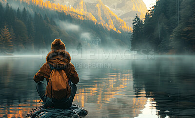 Hiking, lake and mountain with back view of person outdoor, fog and nature with backpacking for travel and peace. Calm, misty or vapor with winter vacation, adventure and tourism with trip in Italy