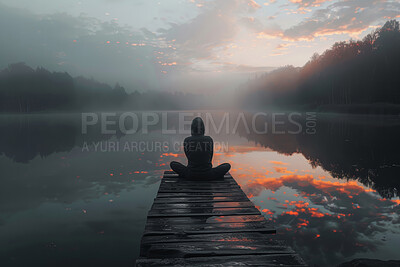 Person, pier and lake with mindfulness meditation at sunset for spiritual zen or yoga wellness, morning or peace. Silhouette, healing and relax chakra at holistic resort with river, forest or mist