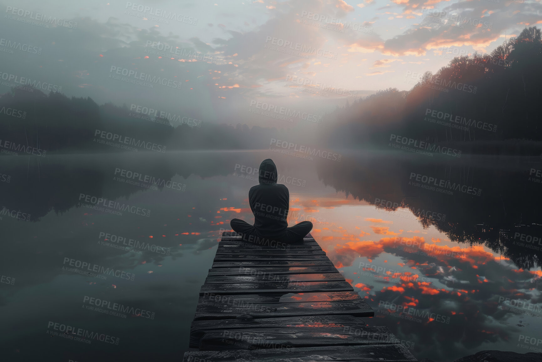 Buy stock photo Person, pier and lake with mindfulness meditation at sunset for spiritual zen or yoga wellness, morning or peace. Silhouette, healing and relax chakra at holistic resort with river, forest or mist