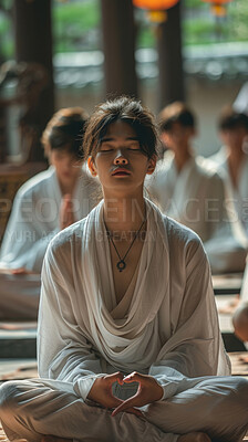 Buy stock photo Religion, Asian man and meditation for peace, calm and healing with mindfulness for faith in temple. Zen, holistic mindset and spiritual for chakra exercise, energy and wellness for balance to relax