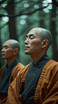 Monk, forest and calm meditation for peace or spiritual growth, emotional balance and mindfulness for mental health. People, eyes closed and breath in woods for zen outdoor, chakra exercise and faith