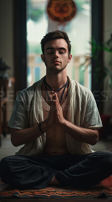 Man, yoga and meditation for peace, holistic mindset and healing with mindfulness for faith. Male person, calm and spiritual for chakra exercise, energy and wellness for balance to relax or zen