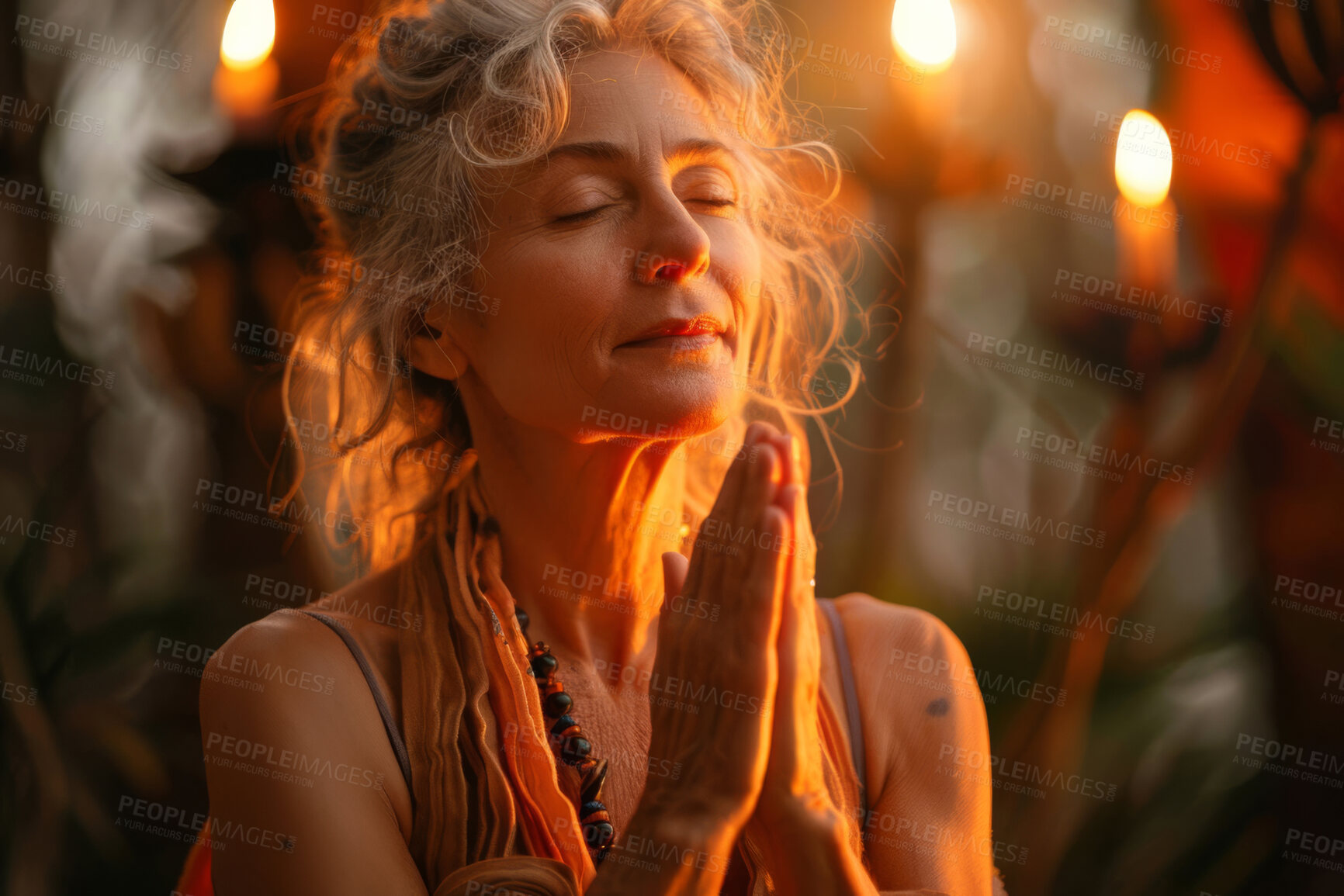 Buy stock photo Senior woman, zen and meditation for peace, holistic mindset and healing with prayer for faith. Mature female person, calm and spiritual with chakra exercise, energy and wellness for balance